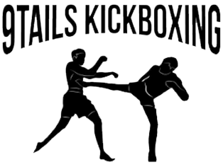 Silhouettes practicing kickboxing under text logo.