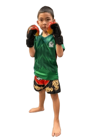 A young boy in green sportswear and boxing gloves posing in a ready stance for boxing or martial arts.